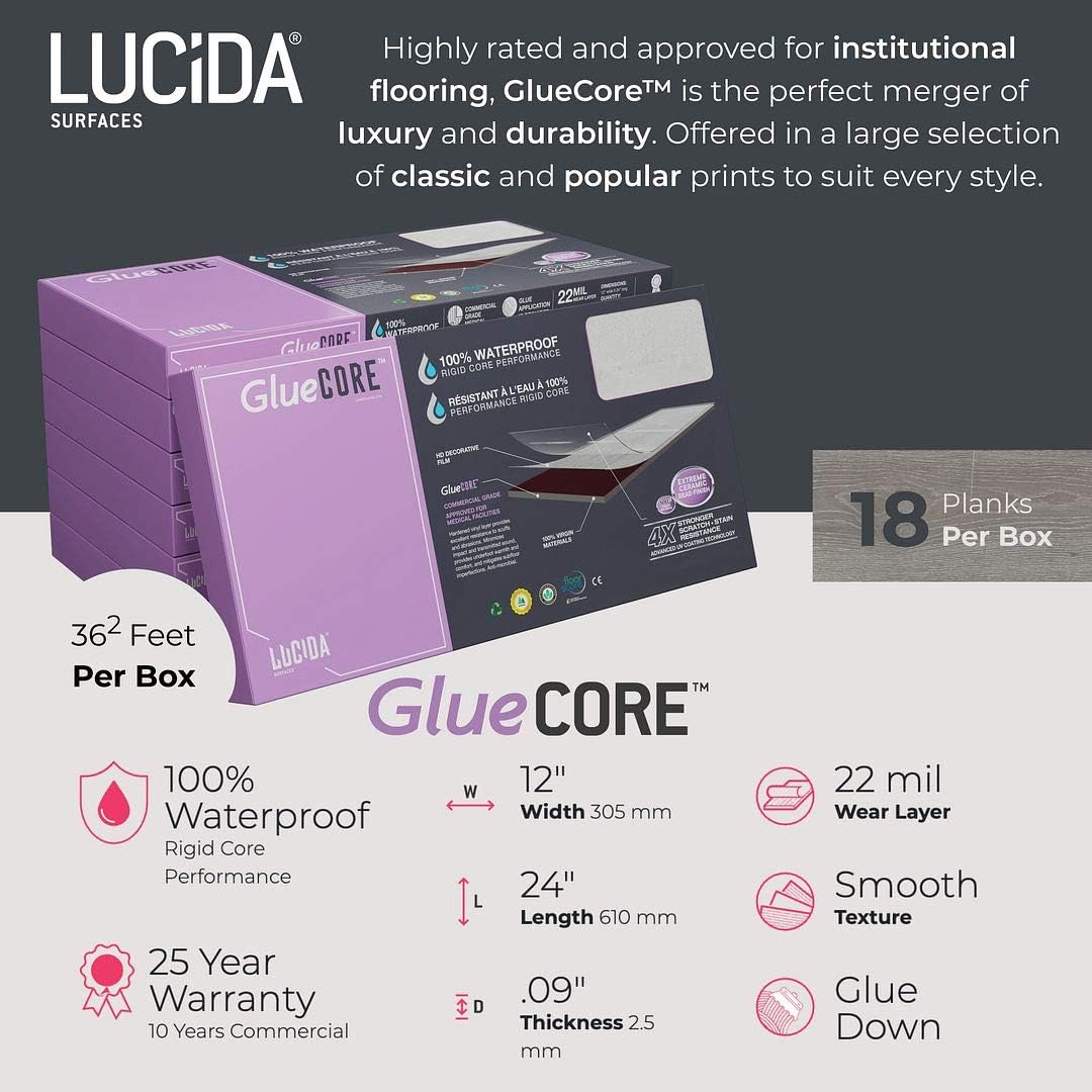 Lucida Surfaces Luxury Vinyl Flooring Tiles | Glue-Down Adhesive Flooring for DIY Installation | 18 Stone-Look Planks | GlueCore+ | 36 Sq. Feet (Box of 18 Tiles, Riverock)