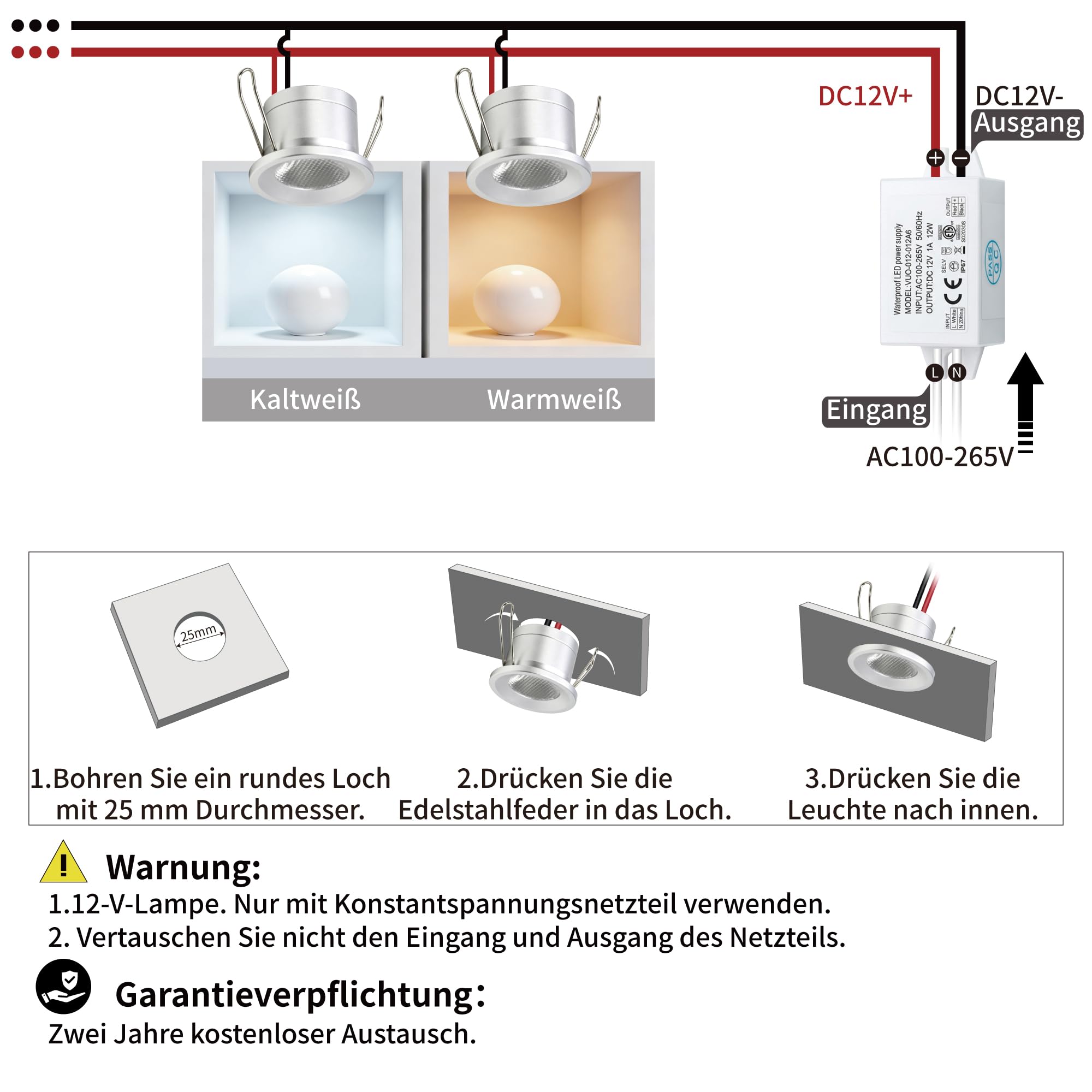 Mini LED Spot 2W 6Stk. DC 12V Strahler, IP65 Wasserdicht Spotlights Downlight Einbaustrahler, 25mm Klein Einbau Vitrinenbeleuchtung für Schrank Küche Decke Badezimmer Treppen(Warmweiß)