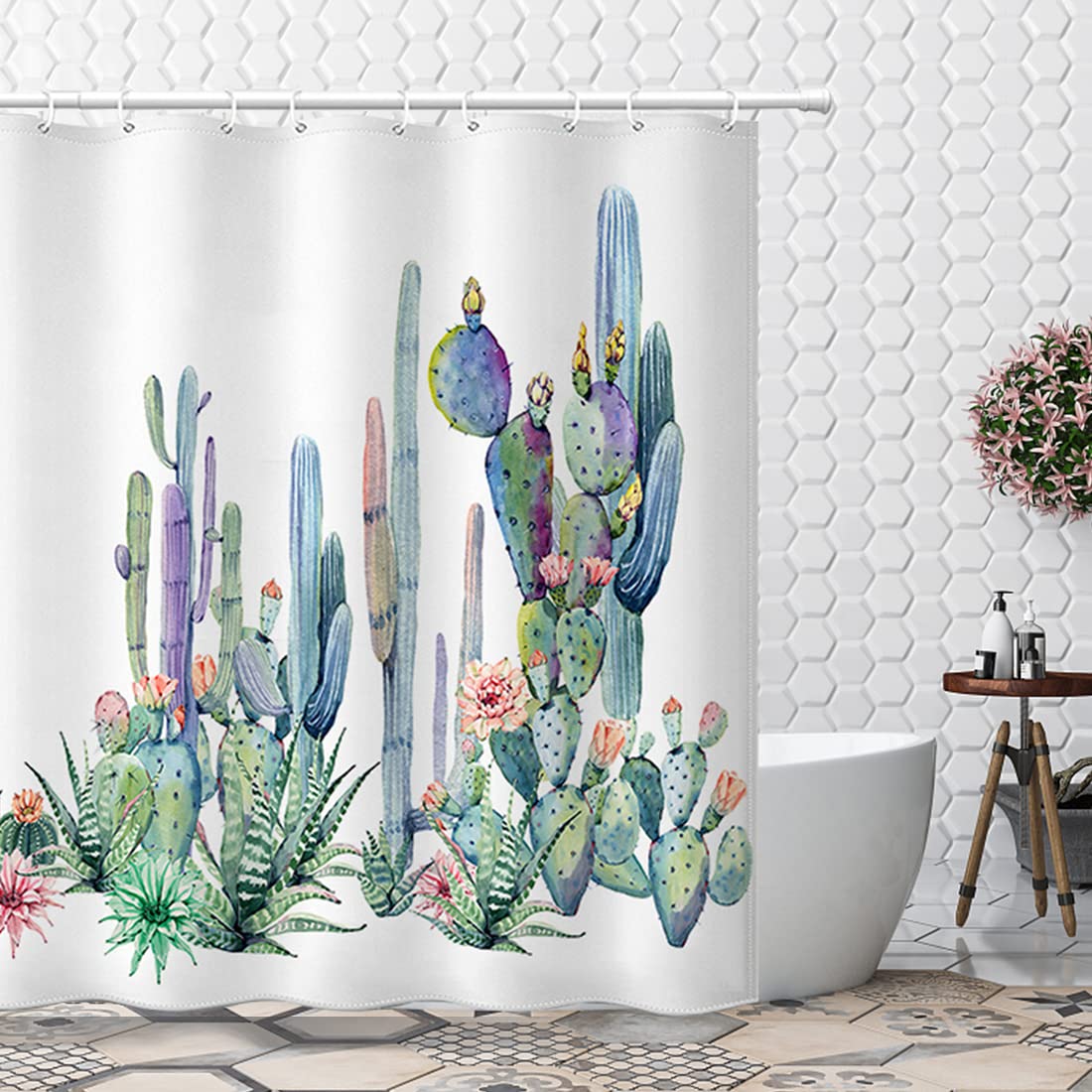 Cactus Shower Curtain for Bathroom, 72 x 72 Inch White Watercolor Fabric Stall Shower Curtain Set for Bathtub, Modern Washable Polyester, Cute Colorful Tropical Plant Bath Curtain with 12 Hooks, Teal