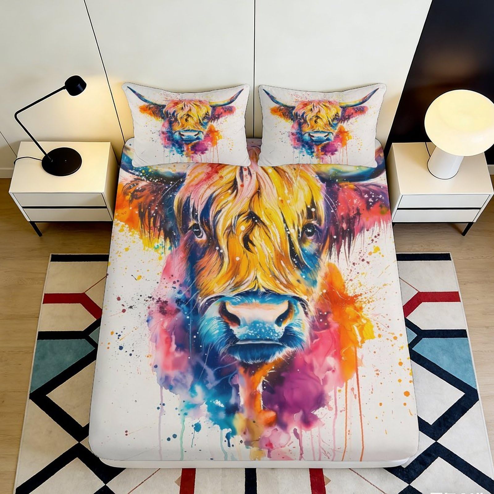 Vivid decor Highland Cow Fitted Sheet 3D Printed, Microfiber soft touch, wrinkle resistant, bed cover for home bedroom guest room bedding, durable construction, easy care 90x200x25cm