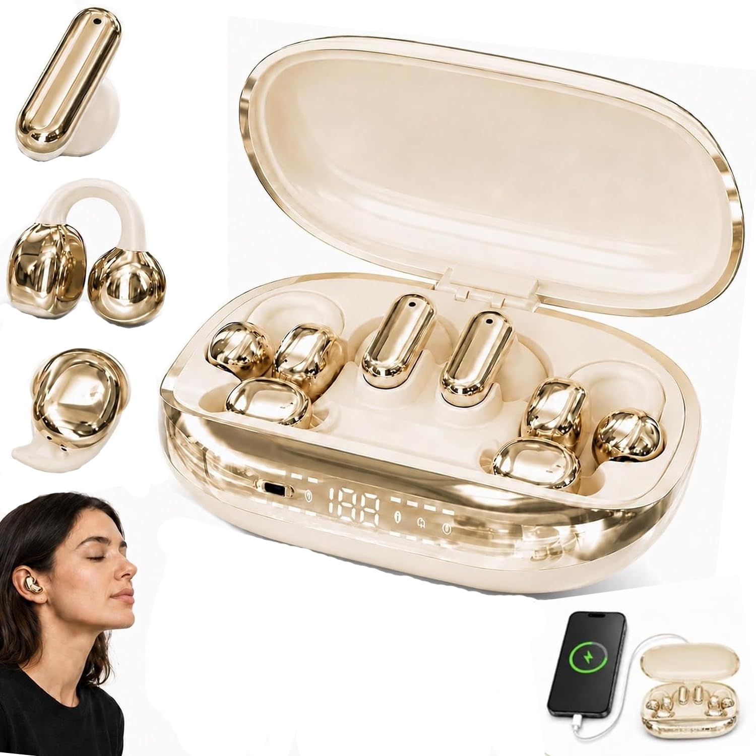Auricolari wireless Bluetooth 6 in 1, con clip intercambiabili, auricolari in-ear e sleep con custodia di ricarica ricaricabile, controllo APP EQ, display digitale LED, cuffie a bassa latenza per
