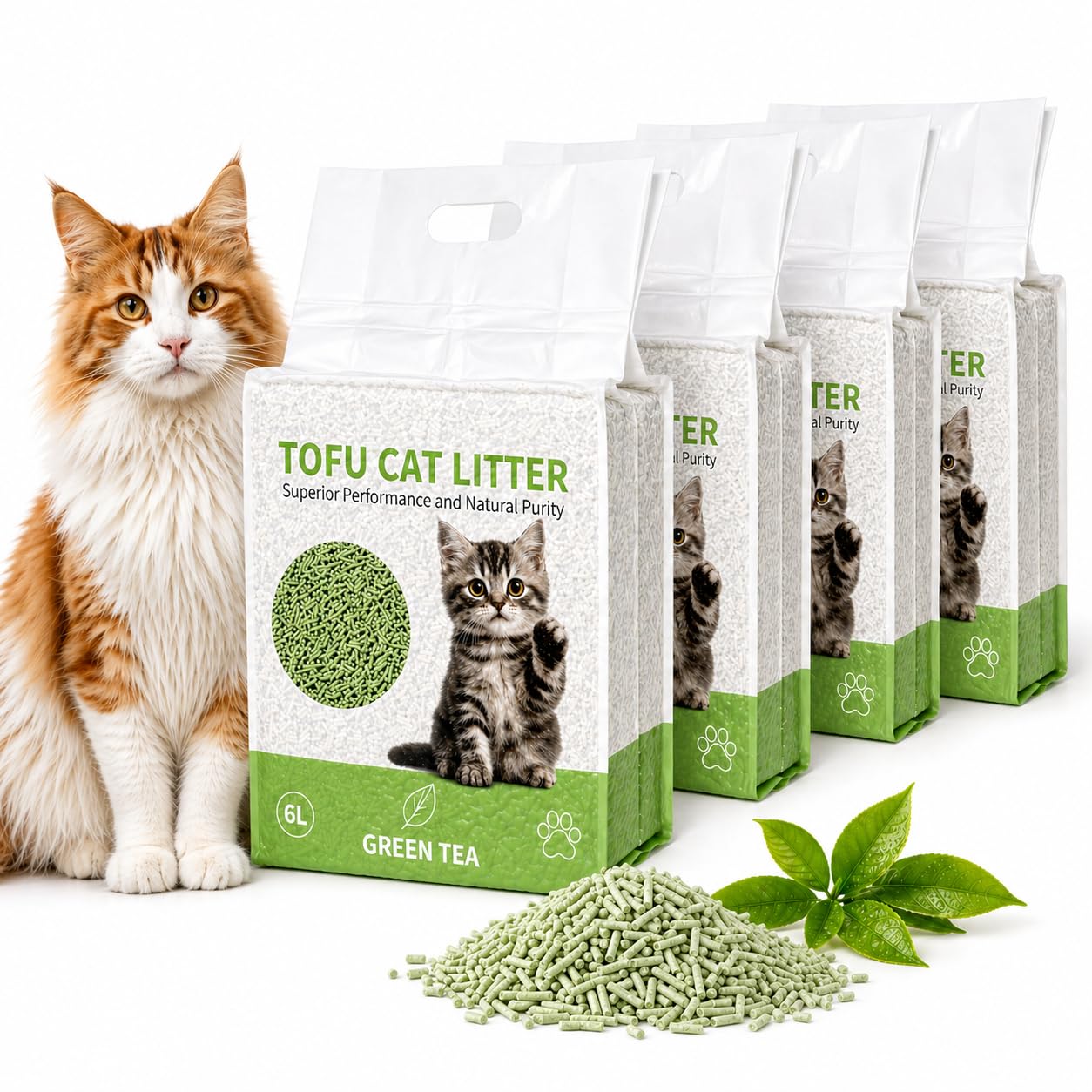 Luna & Simba Tofu Katzenstreu Grüner Tee 4 x 2,5 kg, 10 kg Vorratspack, klumpende Pflanzenstreu, staubarm, geruchsbindend