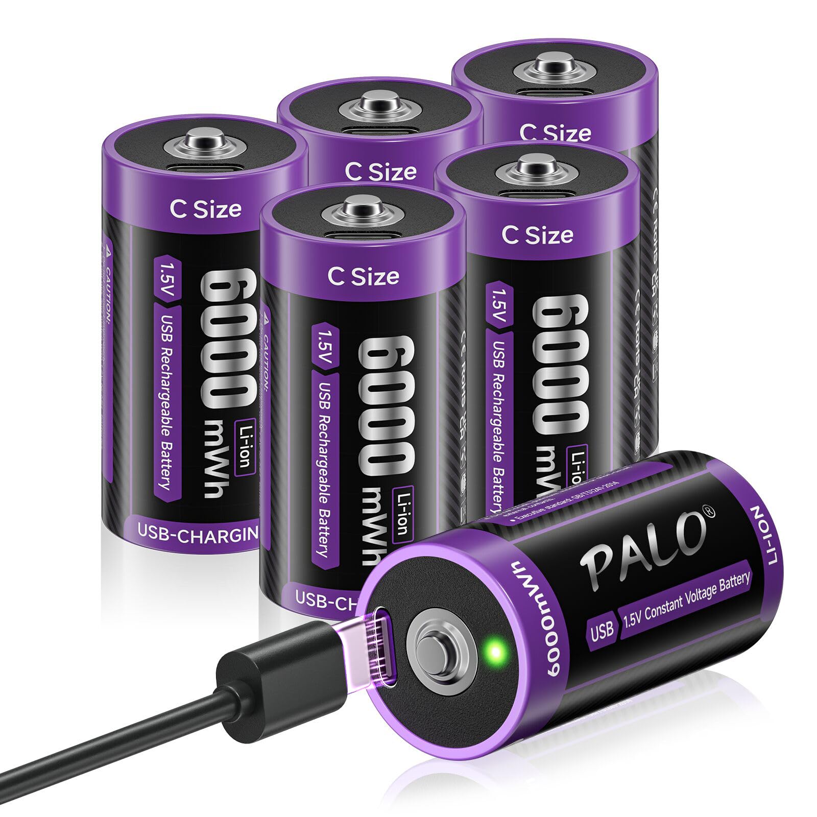 Batterie C ricaricabili da 1,5 V 6000 mWh LR14 C Batterie al litio USB-C con cavo di ricarica di tipo C, bassa autoscarica, con luce di ricarica, oltre 1500 cicli, confezione da 6
