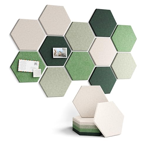 Fluxynara 12-Pack Hexagon Felt Bulletin Board Tiles, Sagewood | Cork Board Alternative with 60 Adhesive Tabs for Notes, Photos and Reminders in Home Offices, Dorm and Classrooms - Sagewood - Large 12-Pack