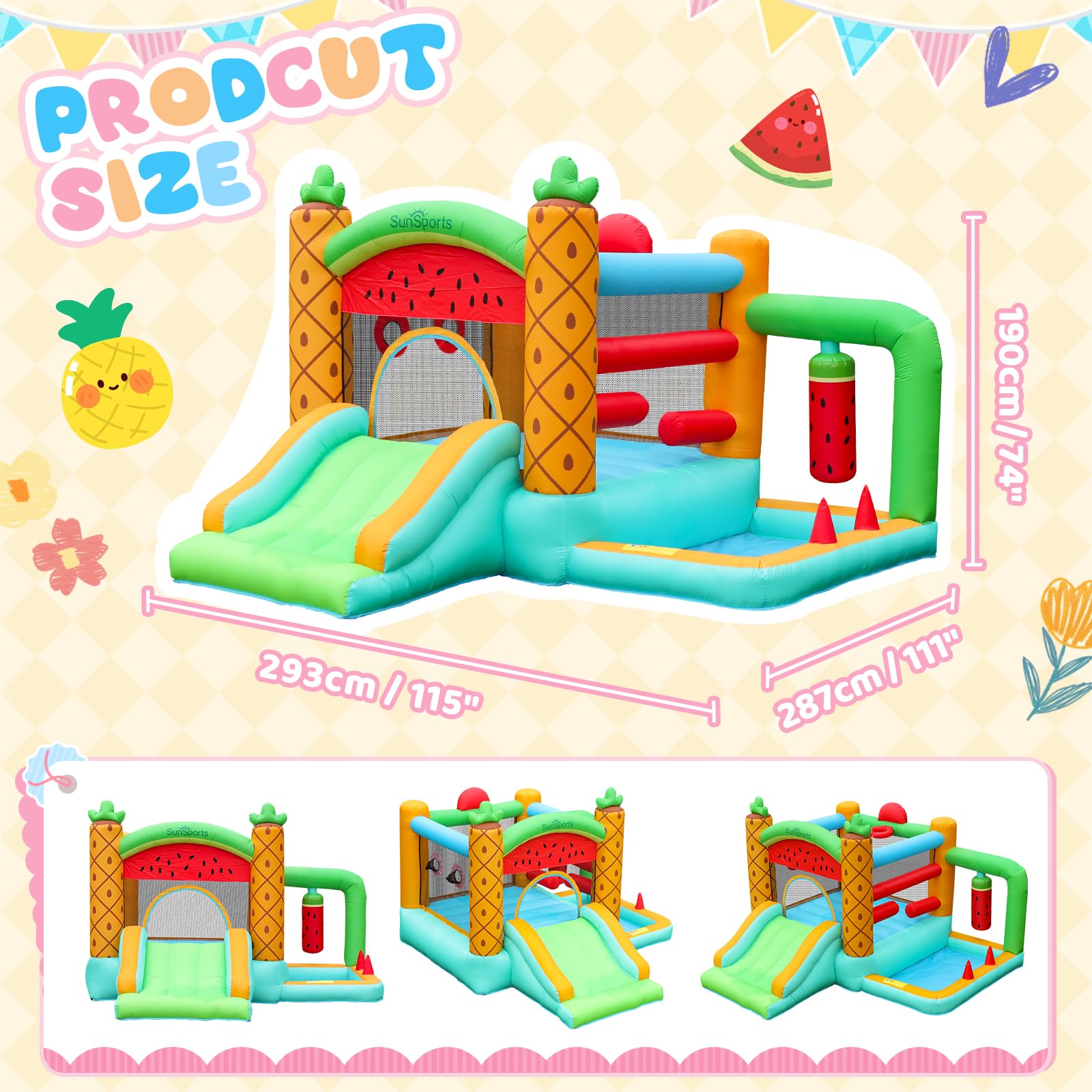 SunSports Bounce-House Bouncy-Castle Jump-House for Kids - Inflatable Bounce House with Slide for Indoor and Outdoor - Bouncy House with Blower - Ball Pit for Ages 3-8