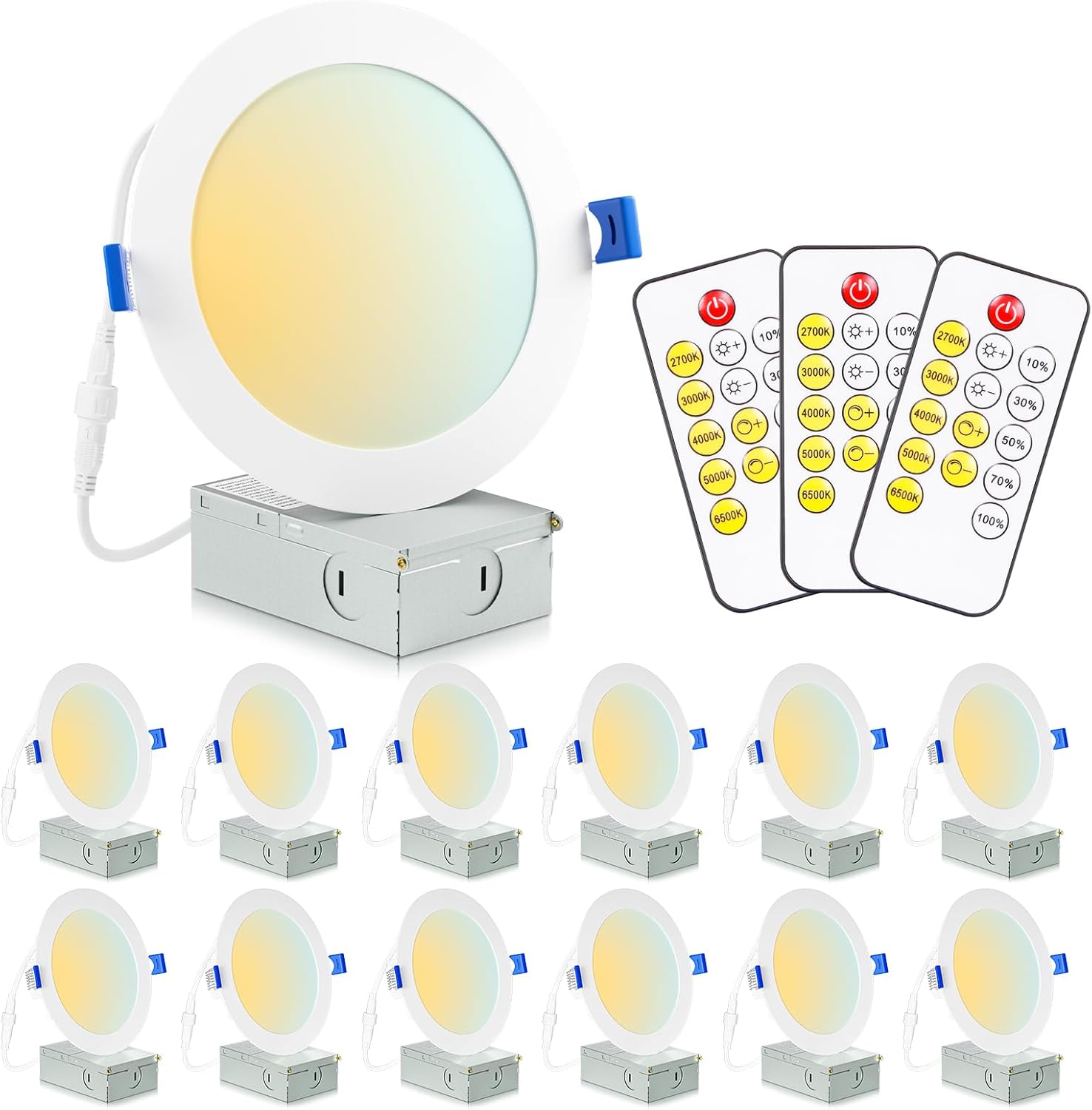 Recessed Lighting 6 Inch Ultra Thin Canless LED Recessed Ceiling Light with Junction Box, 15W Eqv 125W, 5 CCT 2700K~6500K Selectable, Wafer Downlight Dimmable by Remote Control - ETL-12 Pack