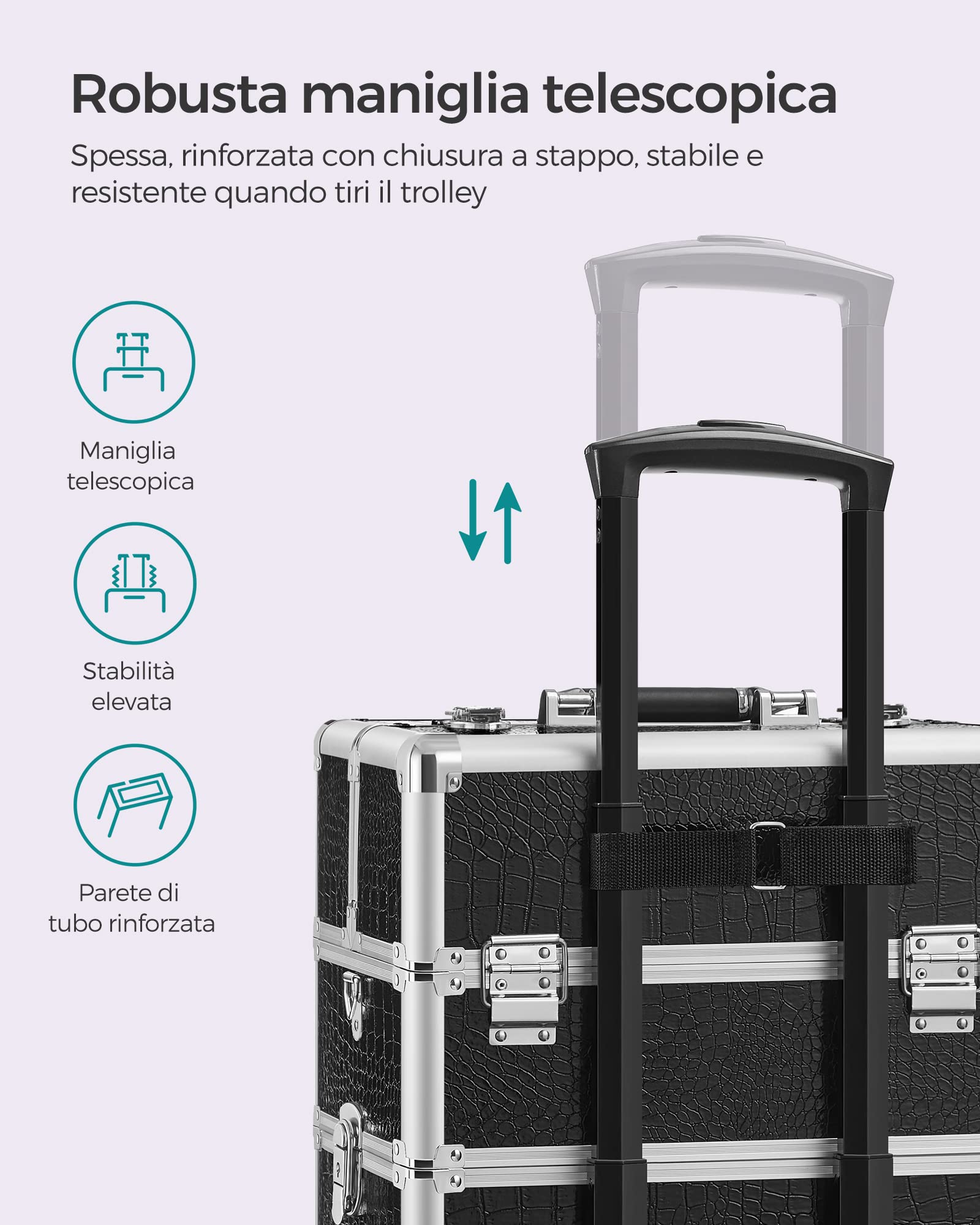 SONGMICS Valigetta Trucchi, Valigia Porta Trucchi 4 in 1, Grande, Trolley Make Up, con Coperchio, 35 x 25 x 79 cm, Serratura, Ruote Girevoli a 360°, per Truccatori, Idea Regalo, Nero JHZ06B