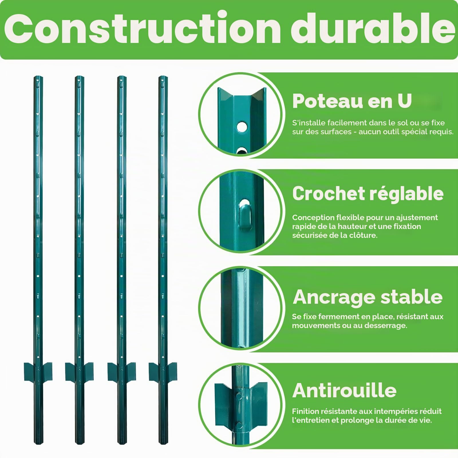 Thealyn Piquets en U pour Clôture, Lot de 10 91 CM Haut Acier Galvanisé Antirouille, Installation Facile pour Jardin ou Élevage | Poteau en métal avec canal en U, poteaux en acier pour poteaux en treillis métallique de jardin pour grillage de poulet