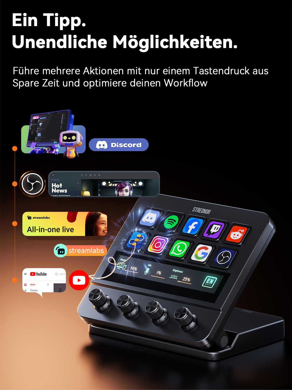 STREONOR Stream Controller Pro S10 mit 10 Tasten Touchscreen und 4 Reglern | Stream Control Deck für OBS, Twitch, YouTube, Content Creators, Streaming & Gaming, kompatibel mit PC und Mac