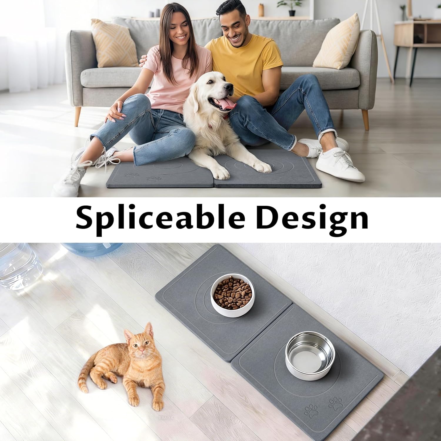 Stone Dog & Cat Food Mat, Bite-Proof Non-Slip Large Diatomaceous Pet Feeding Mat for Puppy Cat, Summer Cooling Quick Drying Dog Cat Water Bowls Mat for Protect Floor (Dark Grey 24" x 16")