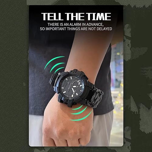 Miniatura 5 de Reloj táctico de supervivencia 23 en 1 para hombre, multifuncional, resistente al agua, para exteriores, pulsera ajustable con brújula de paracaídas