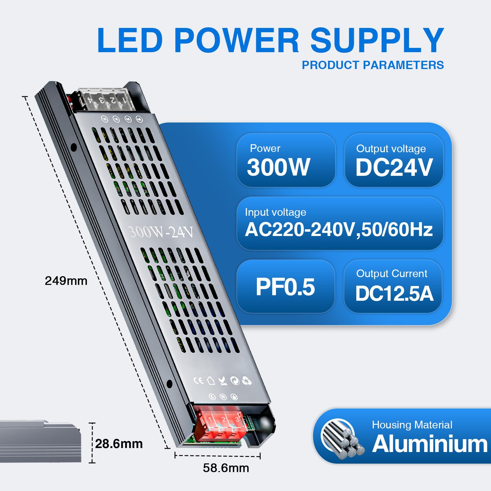 Alimentatore LED 24V 300W Ultra Sottile Dimmerabile 4 Livelli, Trasformatore 220V AC a DC 12.5A, Driver LED a Tensione Costante per Striscia (24V, 300, Watt)