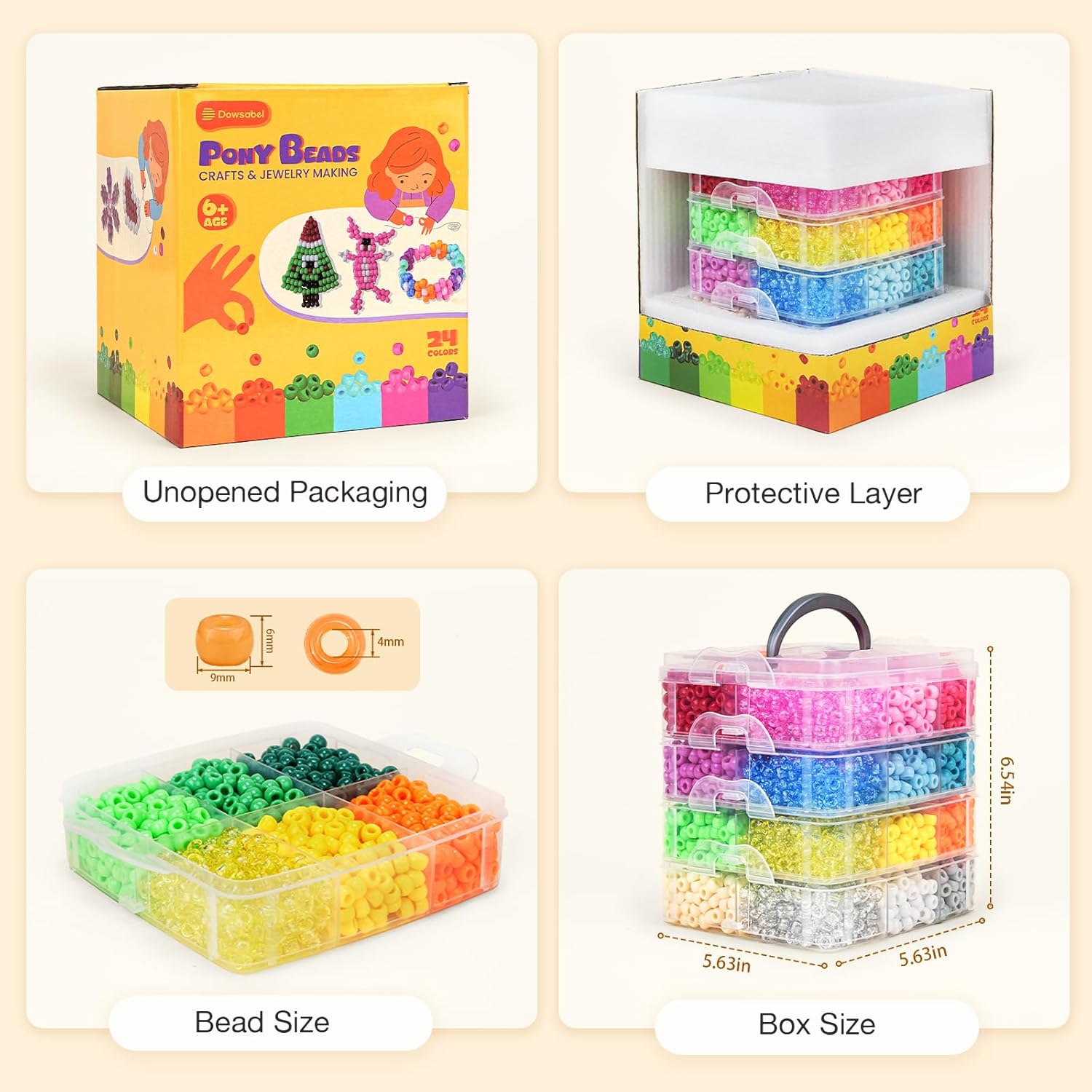 4800PCS Pony Beads Bulk, 24 Colors Kandi Beads 6x9mm Large Hole for Friendship Bracelets, Jewelry Making, Hair Braiding, DIY Art Craft Mothers Day Gifts - Shockproof Protective Gift Packaging