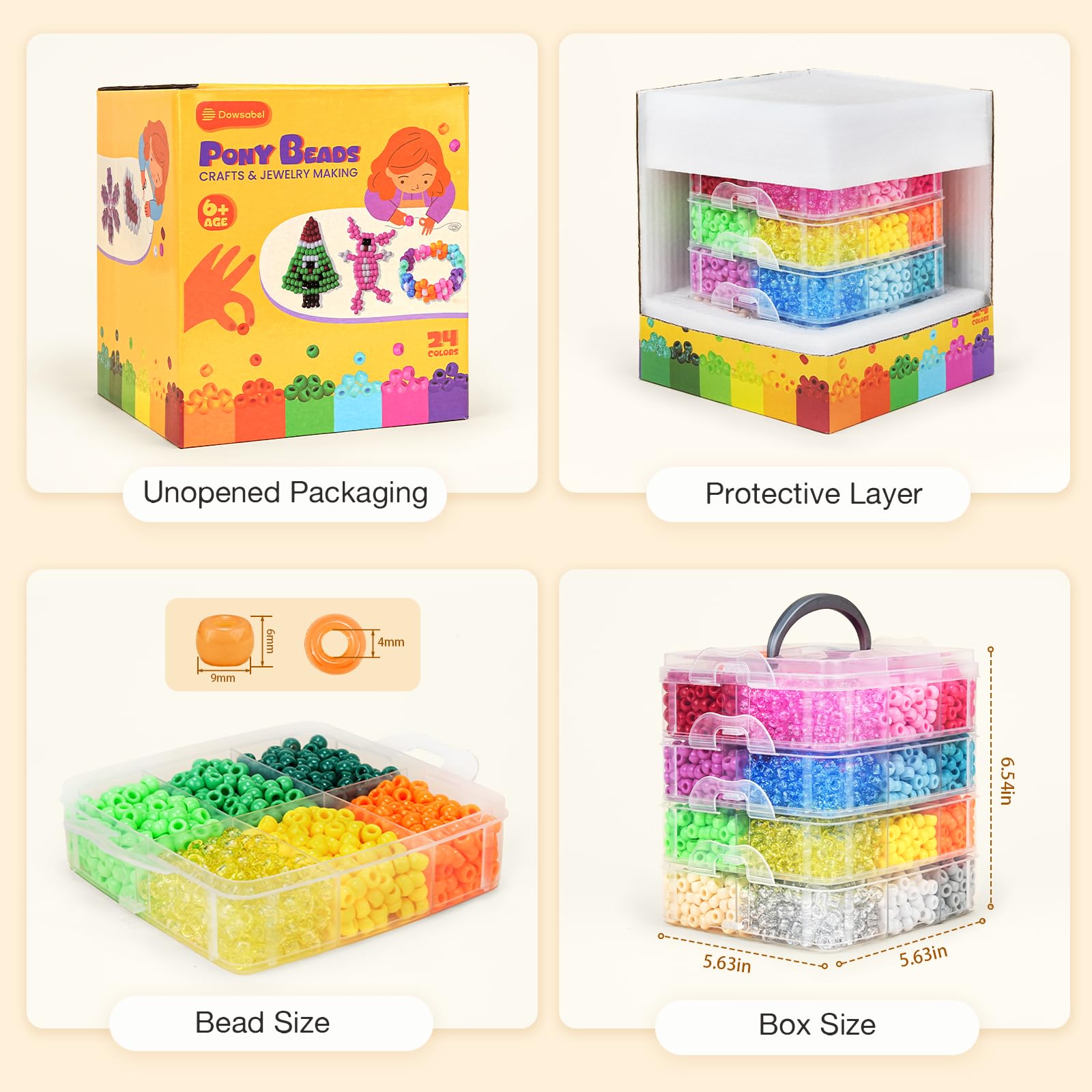 4800PCS Pony Beads Bulk, 24 Colors Kandi Beads 6x9mm Large Hole for Friendship Bracelets, Jewelry Making, Hair Braiding, DIY Art Craft - Shockproof Protective Gift Packaging - 3