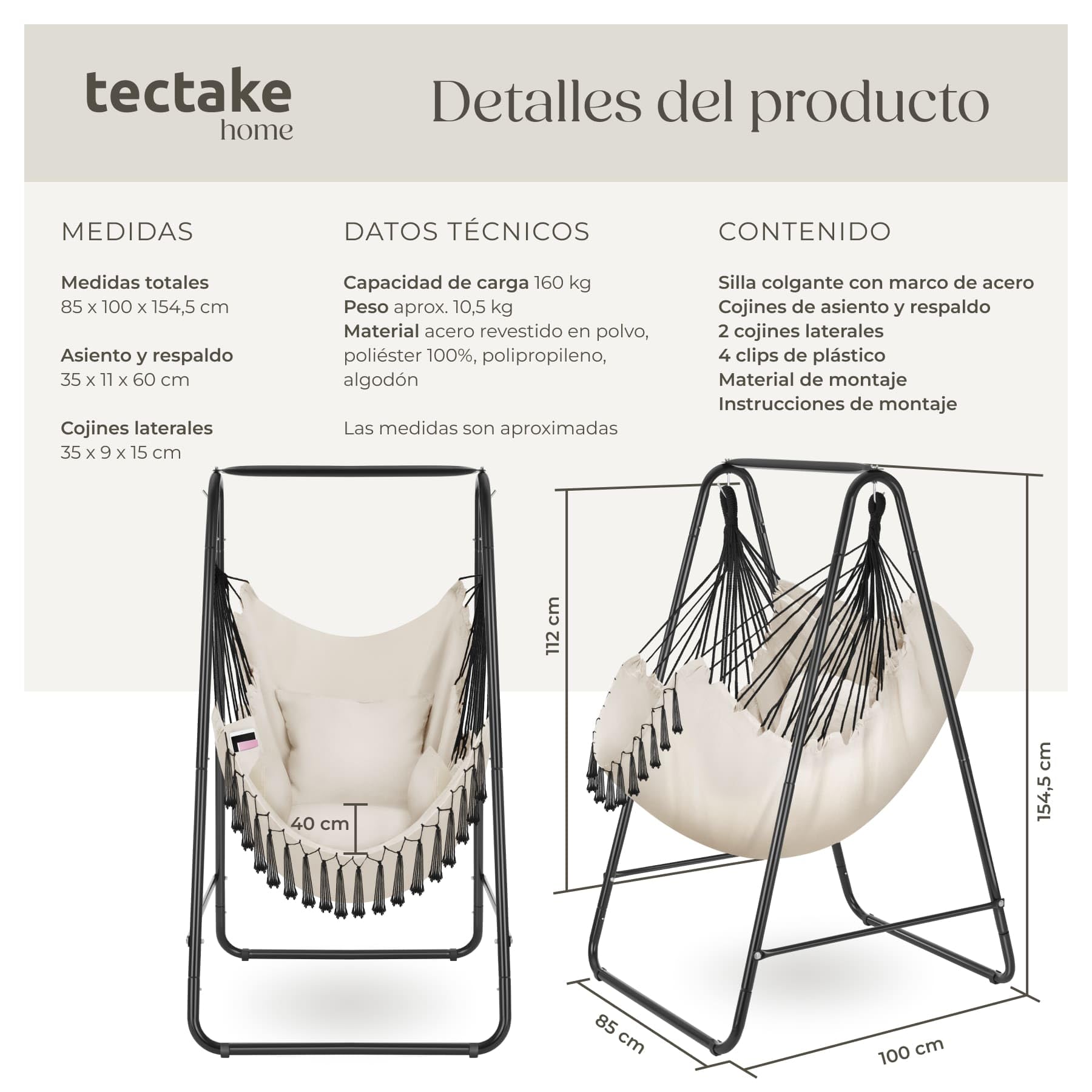 Silla Colgante Boho, Estructura De Acero, Borlas Decorativas, Cojines Gruesos, Bolsillo Lateral, Interior Y Exterior, Hamaca Sillón Colgante para Jardín, Terraza, Salón, Dormitorio