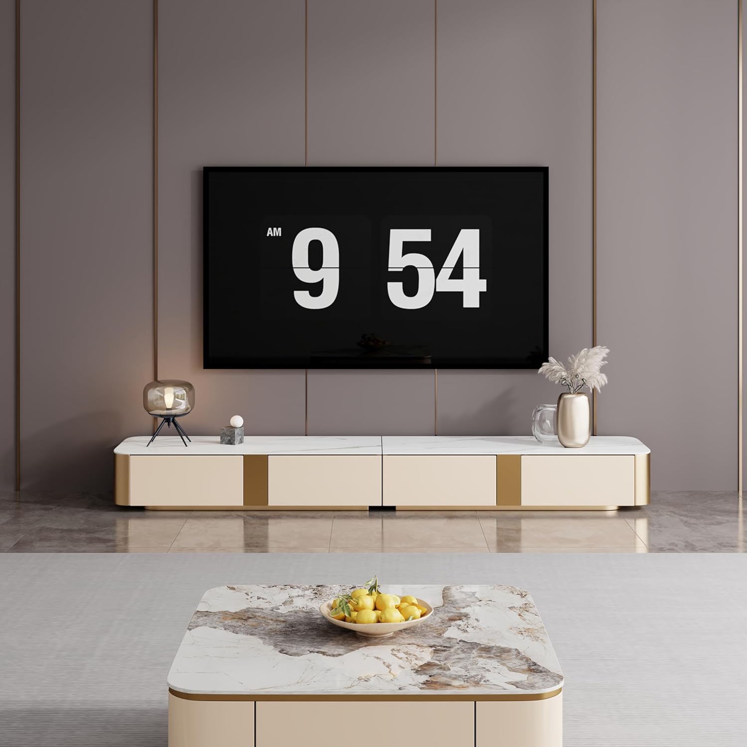 Luxury Modern TV Stand 75+ inch TV, 94.5" Entertainment Center with 6 Storage| No Assembly| Sintered Stone TV Consoles, Media Console for Living Room