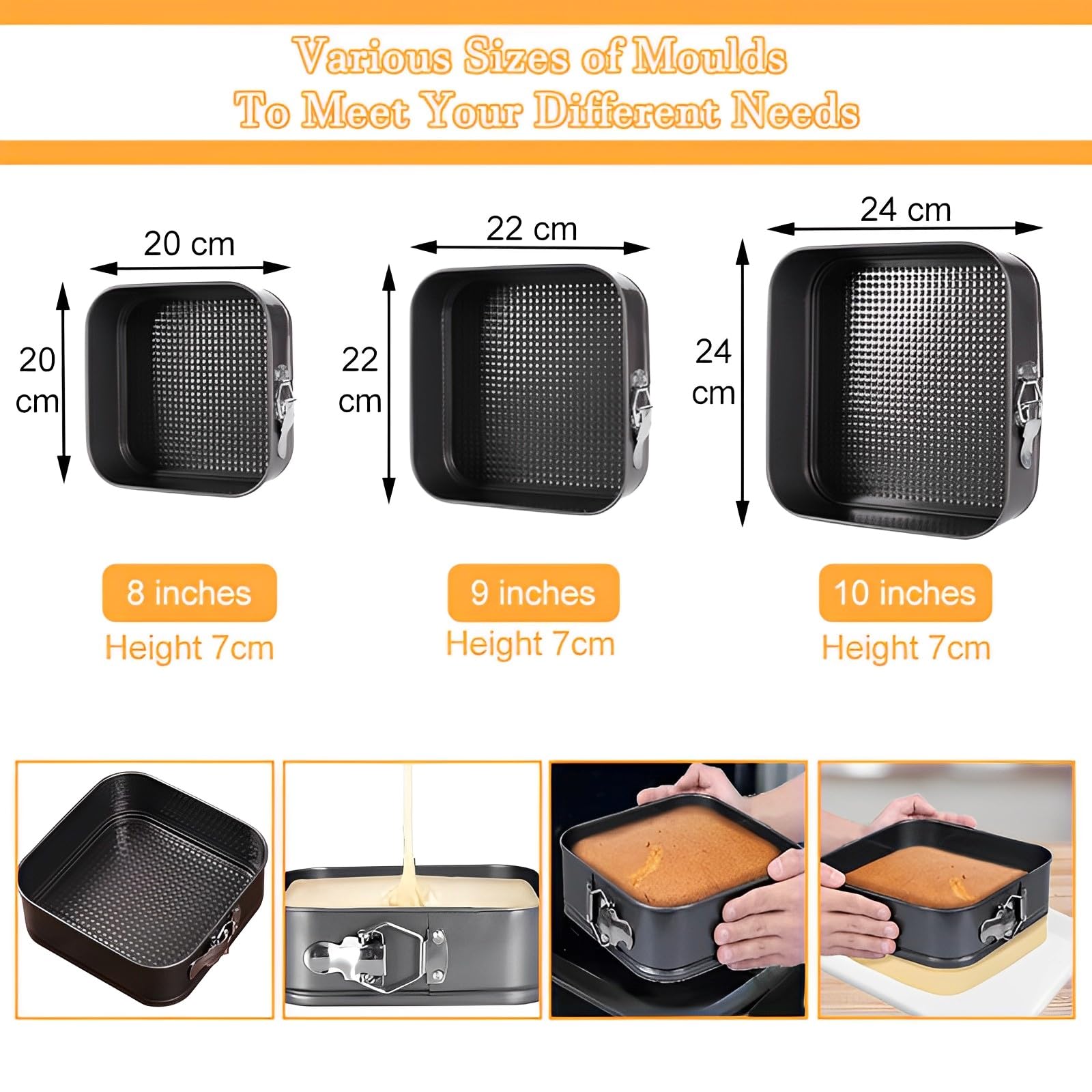 Molde Desmontable,3 Piezas Molde Tarta Desmontable (20/22/24cm),con Capa Revestimiento Antiadherente Fondo Profesional Spring Forma Molde De Horno,Para Ideal Para Tartas De Queso Y Esponjas(Cuadrada)