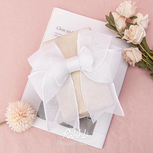 Miniatura 2 de Ribbli Cinta de arpillera blanca con alambre, 2-12 pulgadas x 10 yardas, cinta con borde con alambre para lazo grande, corona, decoración de árbol,