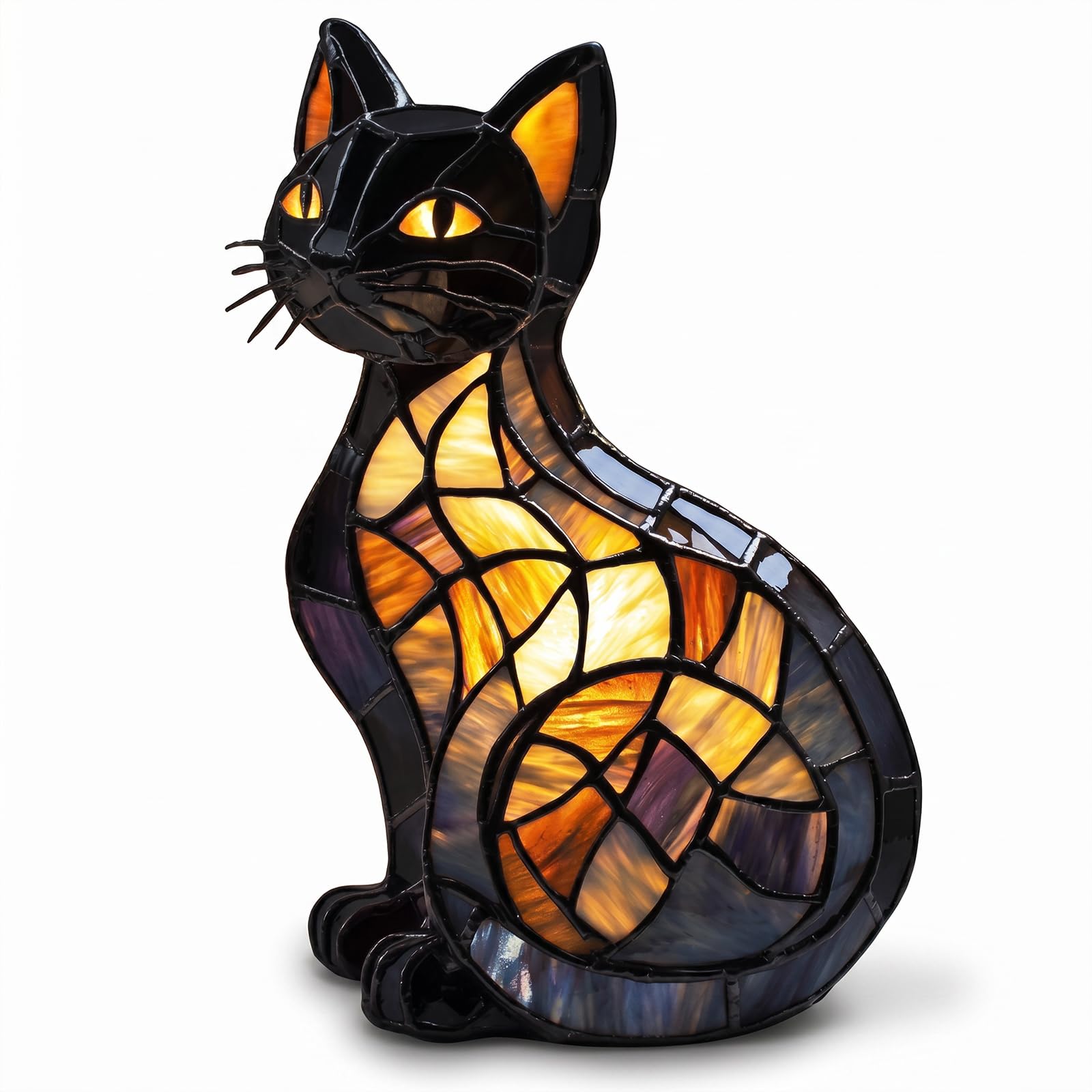 Stained Glass Cat Lamp, 3D Decorative USB Resin LED Night Light (B)