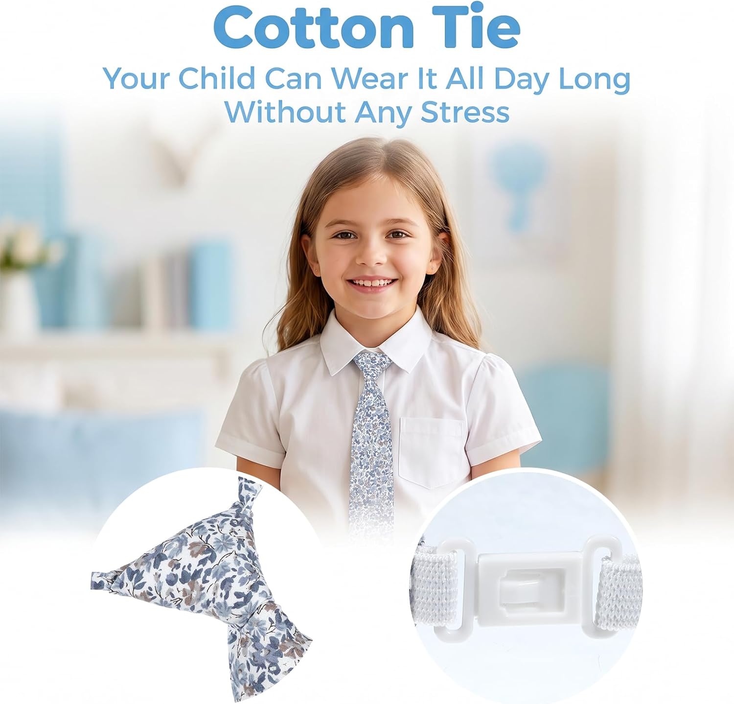 Boys Zipper Tie Blue, Floral Pattern Pre-Tied Necktie for Wedding Daily