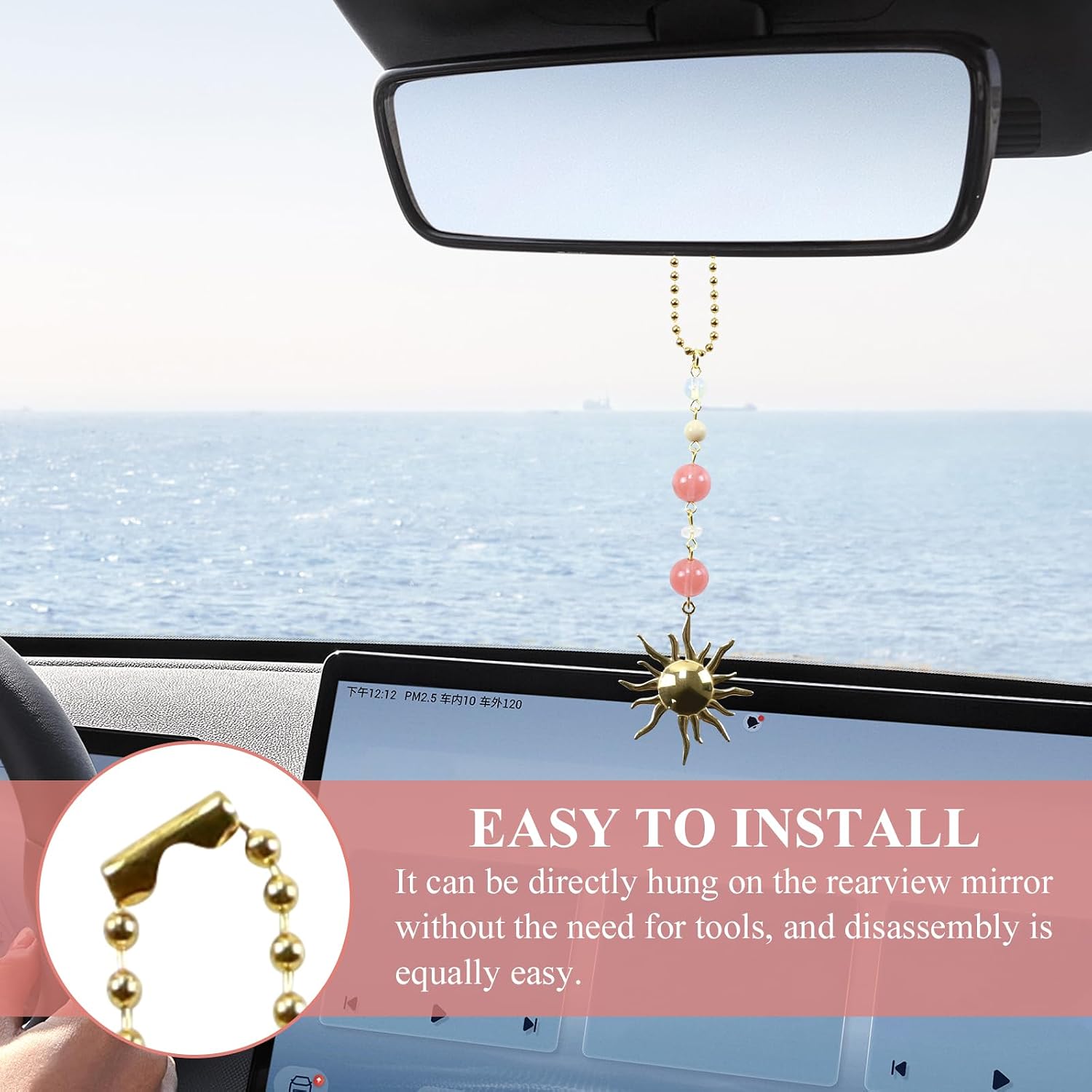 Wuyaoyao Sun Hanging Car Charm, Cute Boho Rear View Mirror Car Hanging Accessories Decor, Handmade Healing Crystals Stones Dangling Ornament for Women Men, Automotive Interior Decoration (508) image 4