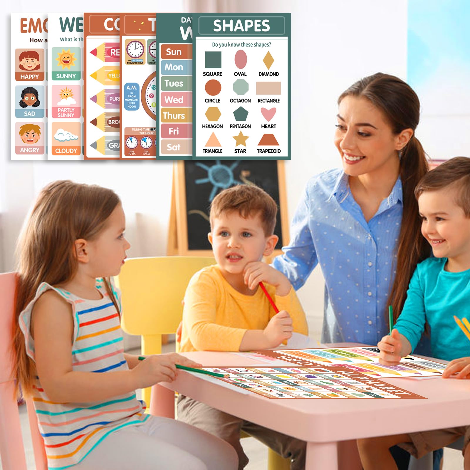 YKQuarnion 18 affiches éducatives bohèmes pour tout-petits de 1 à 5 ans – ABC, chiffres, couleurs et formes laminés pour l'école maternelle et la maternelle – Décoration de salle de classe (27,9 x