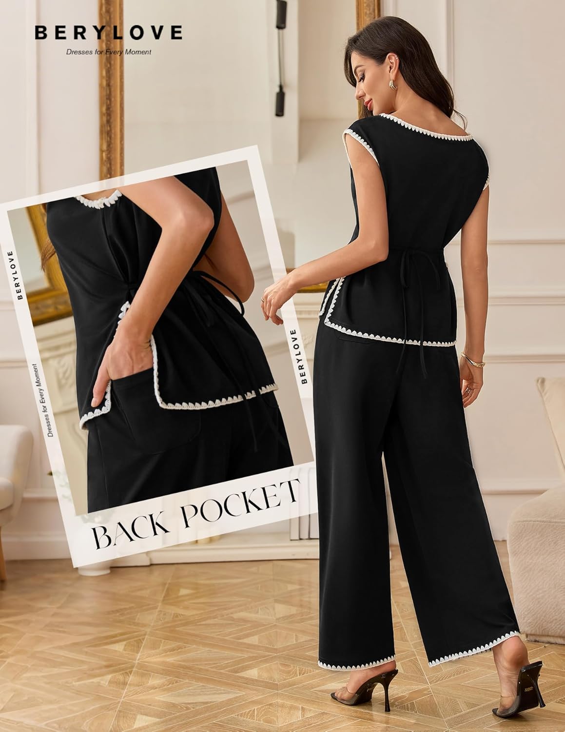 BeryLove Two Piece Sets for Women Summer Outfits Lounge Sets Cap Sleeve Tops Wide Leg Crop Pants Vacation Travel Outfits - Image 3