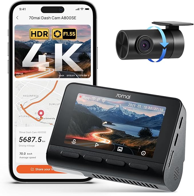 70mai A800SE Dashcam 4K+1080P GPS WiFi, Doppia Telecamera Auto Fronte/Retro, F1.55, HDR, Visione Notturna, ADAS, Schermo 3", Parcheggio 24/7, Supporta fino a 512GB (scheda SD non inclusa)