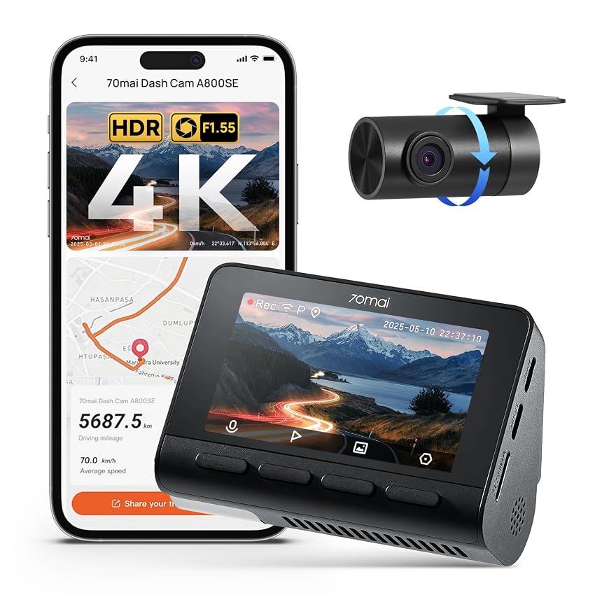 70mai A800SE Dashcam 4K+1080P GPS WiFi, Doppia Telecamera Auto Fronte/Retro