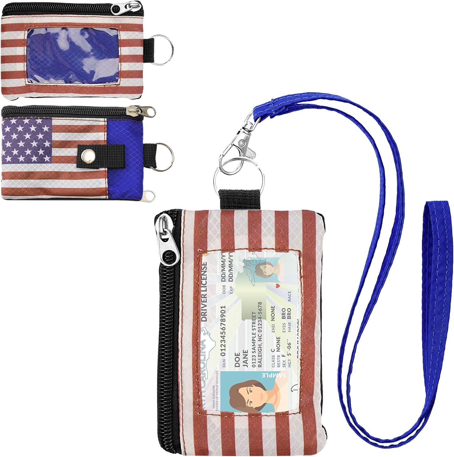 Minimalist RFID Wallet with Lanyard, Multi-Functional ID Case with 2 Zipper Pockets and Key Chain for Men and Women, Tactical Badge Pouch Cards Holder, Coin Purse for Travel Sports-Black