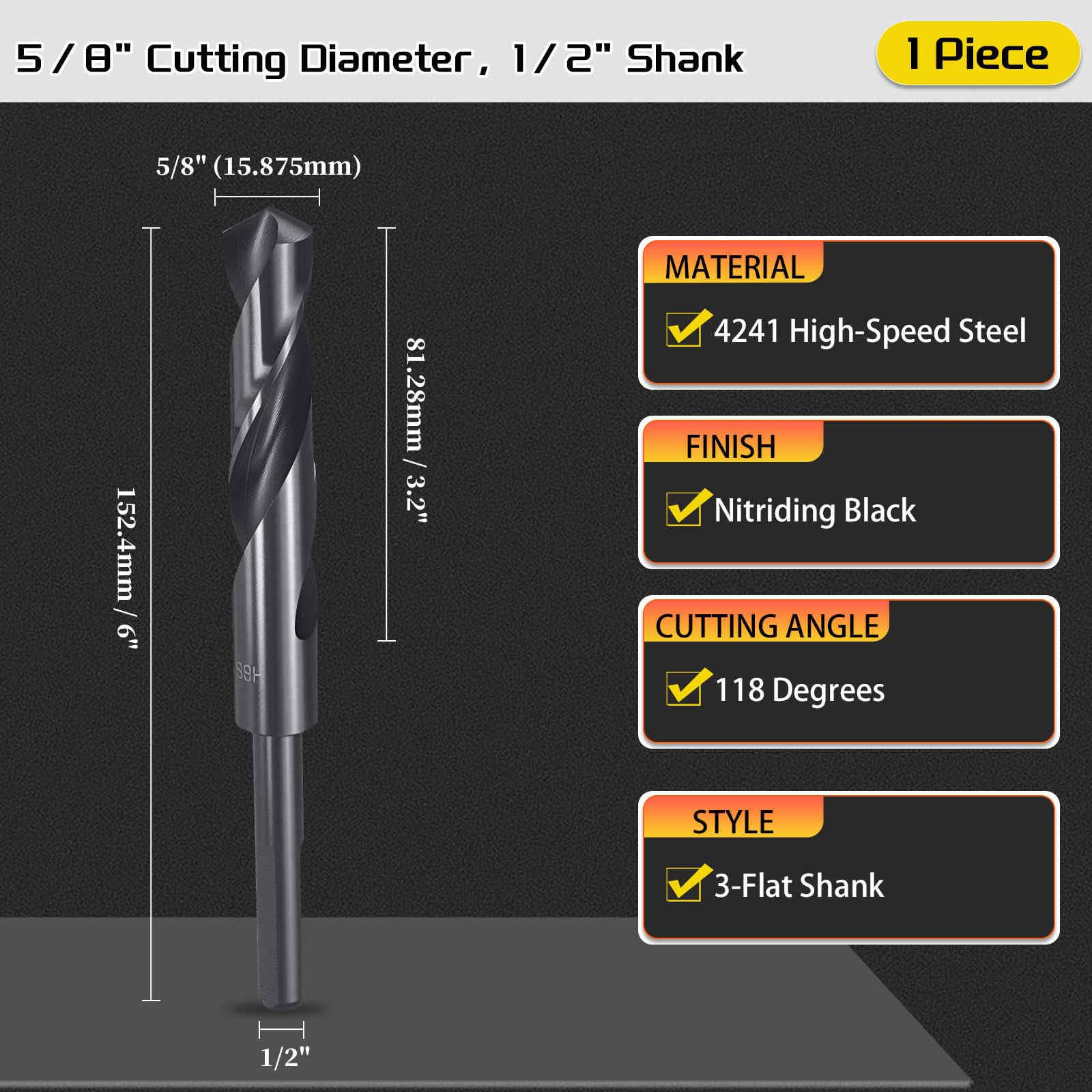 CoCud Drill Bit, 5/8" Cutting Diameter (15.875mm), 1/2" Reduced Shank 3-Flat 4341 HSS Nitriding Black 118° Cutting Angle Bits - Image 2