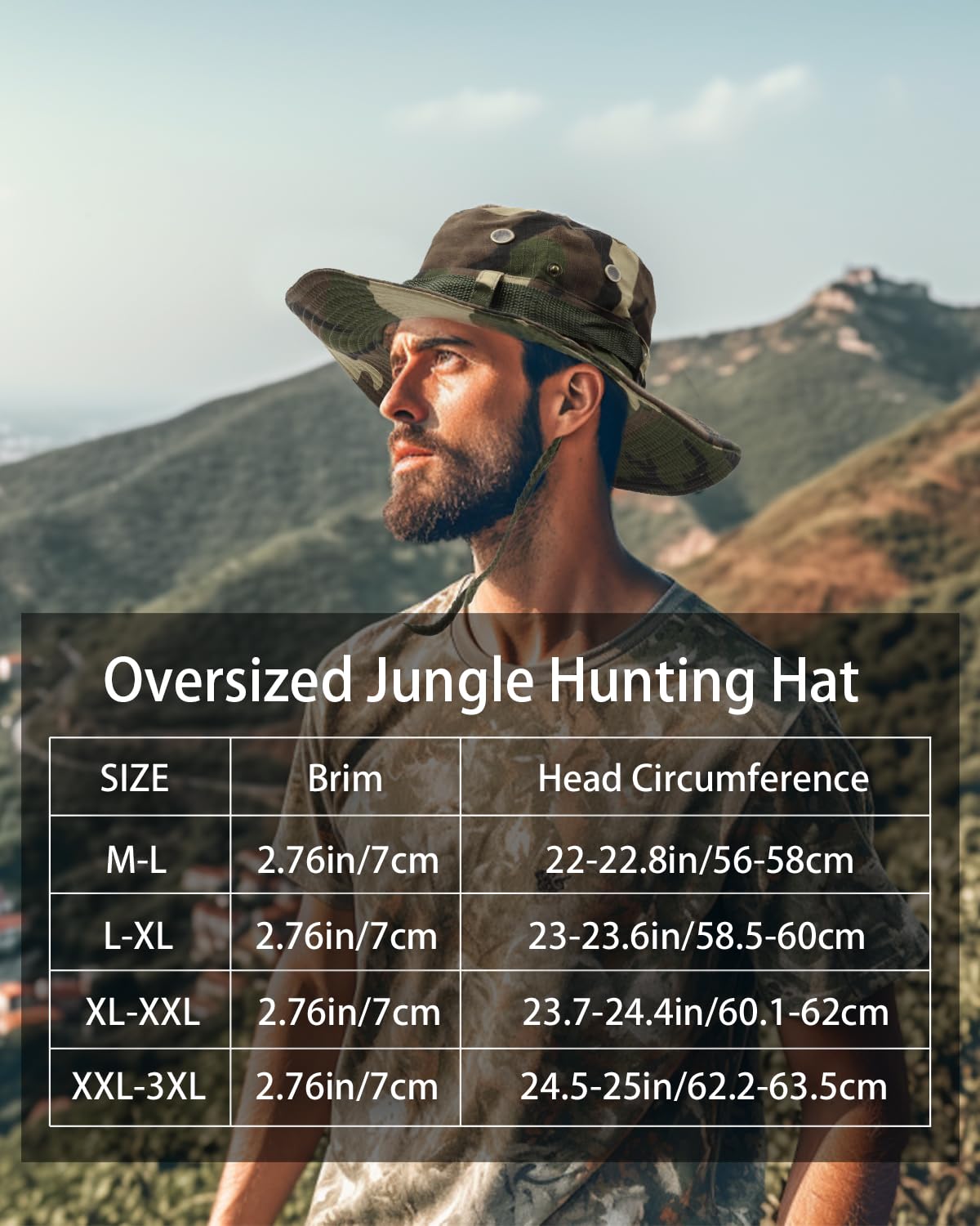 Feng Shui， Chapeaux de Soleil Boonie UV XXL, Chapeau Tactique Militaire pour Grosses têtes, Grands Chapeaux de Chasse Safari Bush Jungle pour randonnée Camping