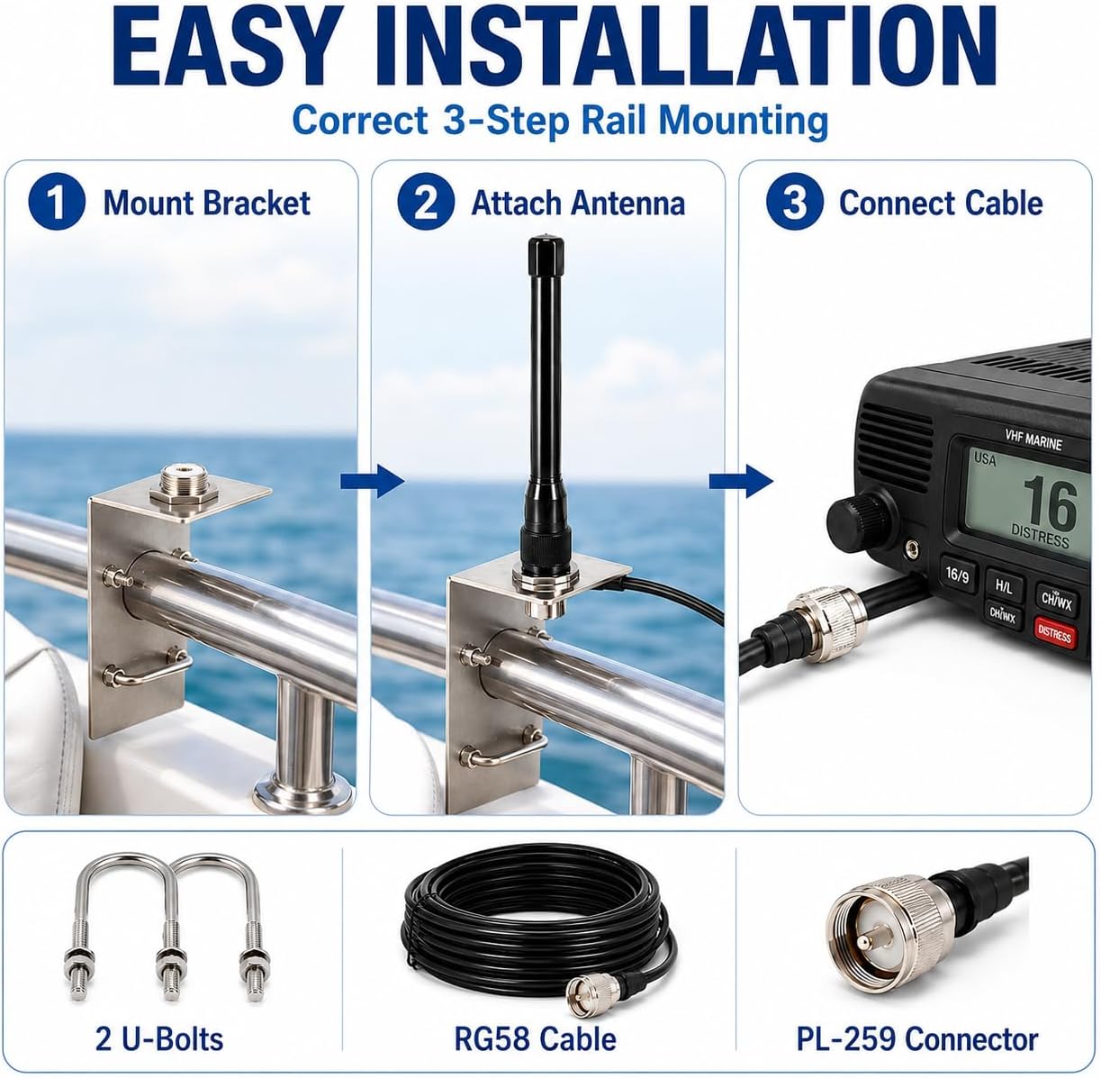VHF Marine Radio Antenna Boat Low Profile with RG58 Cable