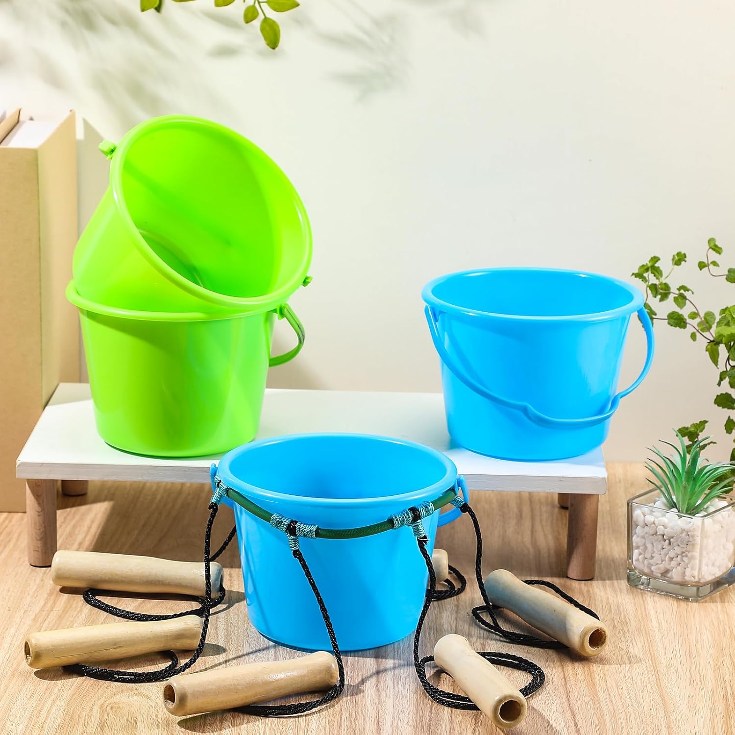 Team Bucket Challenge Team Building Activity Sports Outdoors for 8 to 24 Kids or Adults with 4 Buckets, 2 Bucket Holding Rings, 6 Carry Ropes Per Ring and Activity Guide