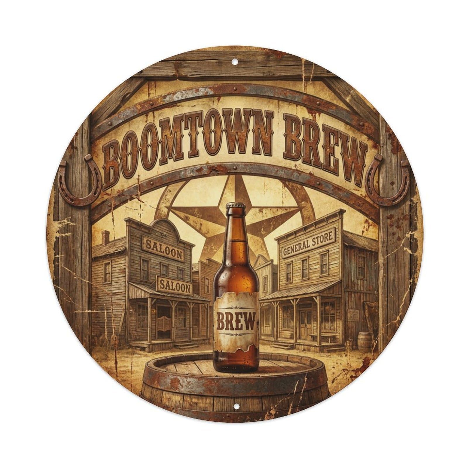 Vintage Beer Western Cowboy Boomtown Brew Retro Bar Metal Tin Sign