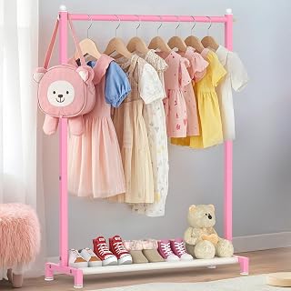 Livilord Kids Clothing Rack with Bottom Storage Shelf, Metal Clothes Rack for Kids Dress Up Storage, Freestanding Dance Costume Garment Rack for Hanging Clothes, Pink