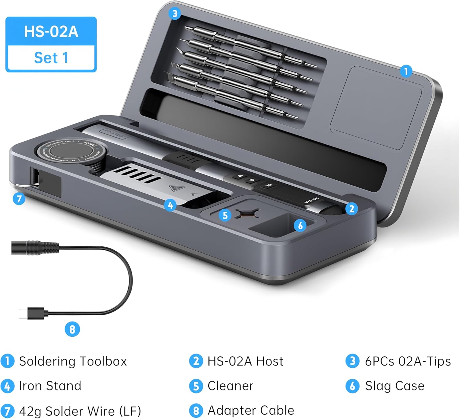 HS-02 Adjustable Temperature Soldering Iron DC 20V 100-450℃ Welding Solder Rework Station PD 100W Portable Repair Tool with Portable Soldering Toolbox (HS-02A-6Tips set1)