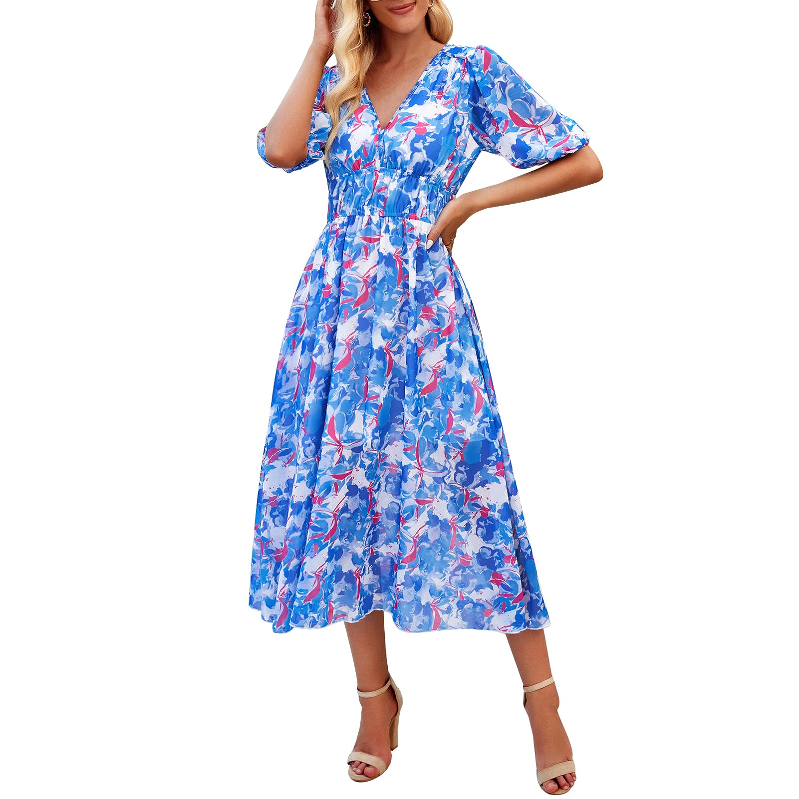 Robe d'été décontractée floral col en v imprimé manches courtes - 8