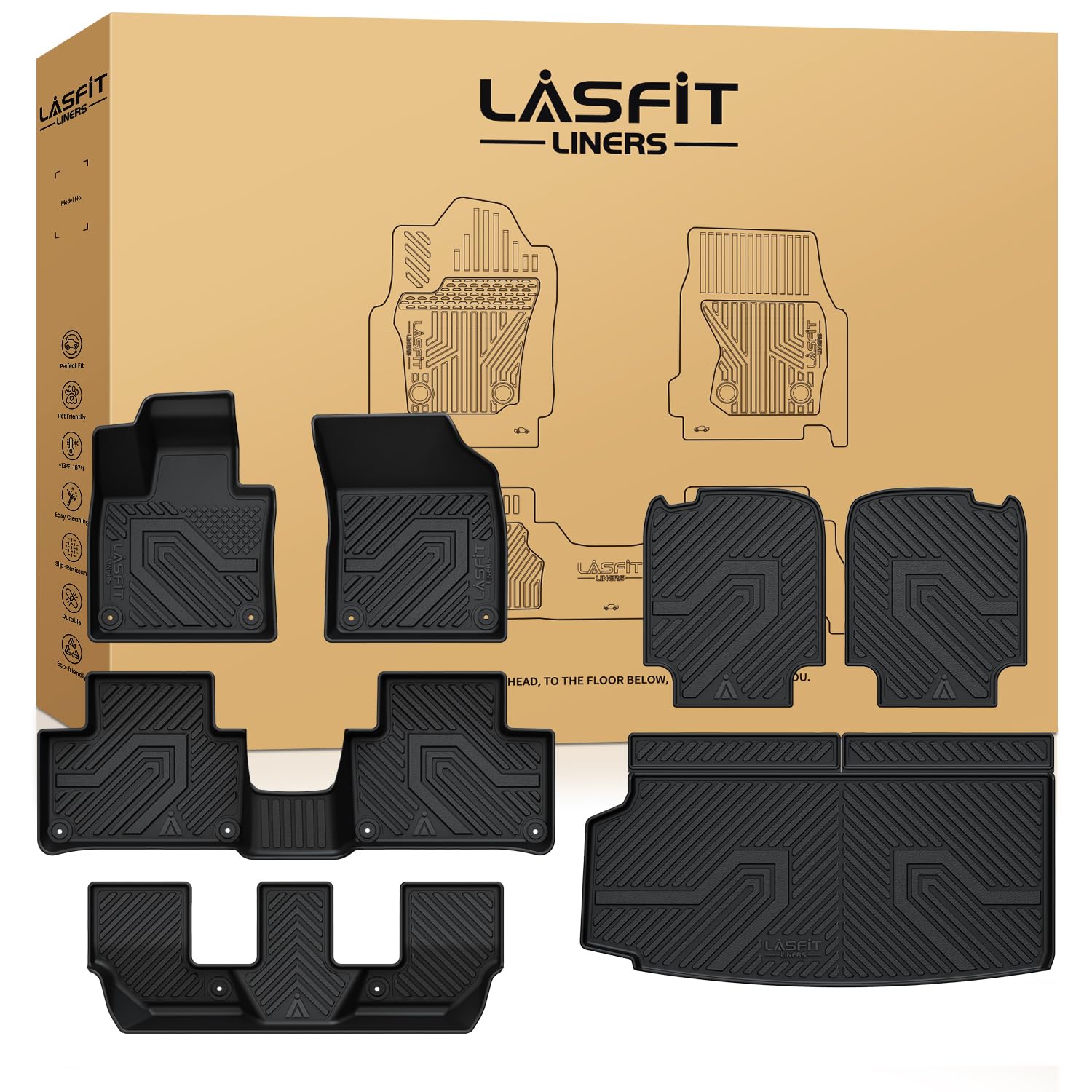 LASFIT Floor Mats & Cargo Mat & Backrest Mats for Volvo XC90 2016-2025 (Only for 7 Seats & PHEV) All Weather TPE Mats Custom Fit Floor Liner for XC90 1st & 2nd & 3rd Row Car Mats & Cargo Liner, Black