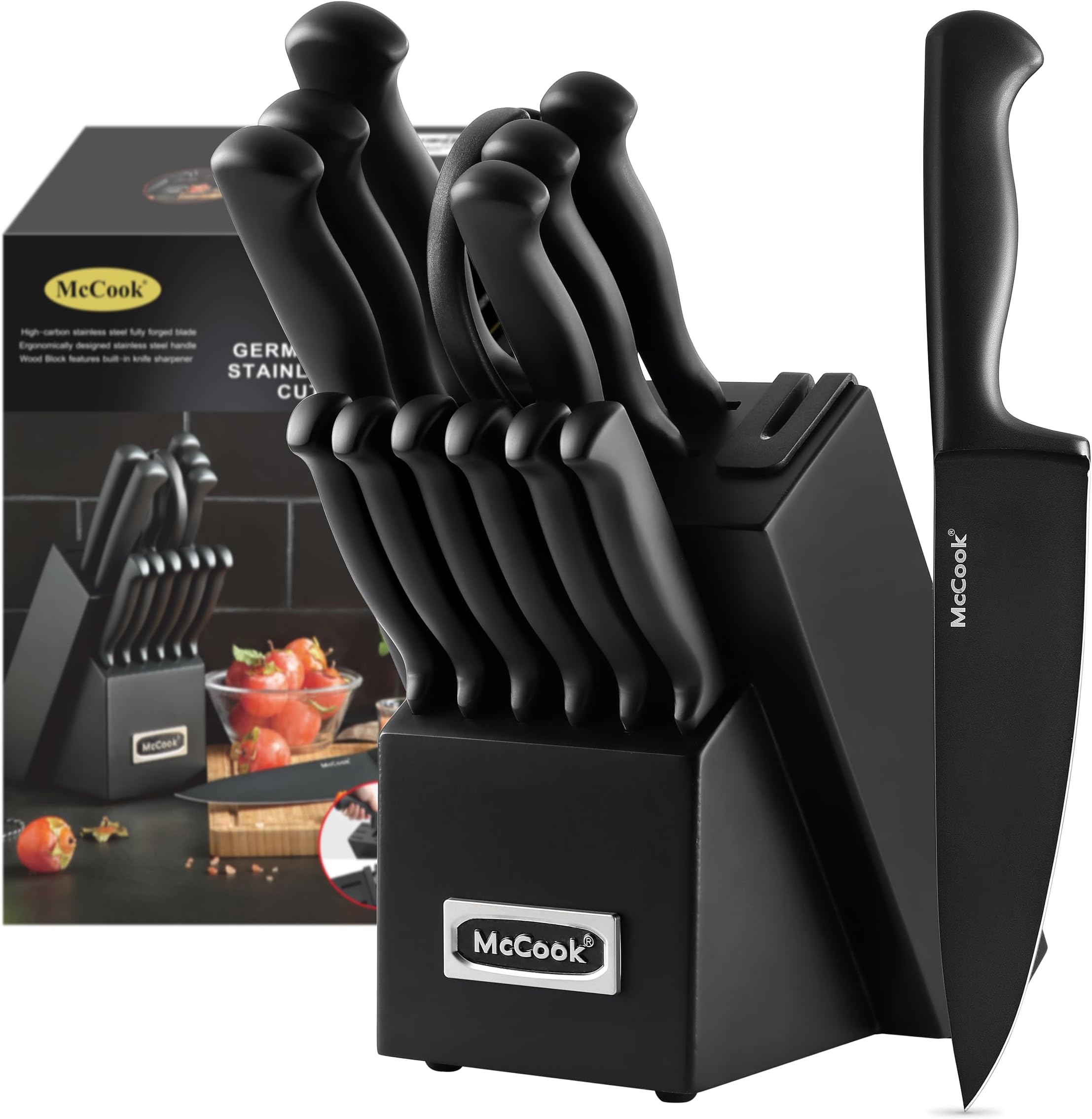 Knife Sets,German Stainless Steel Knife Block Sets with Built-in Sharpener, Black