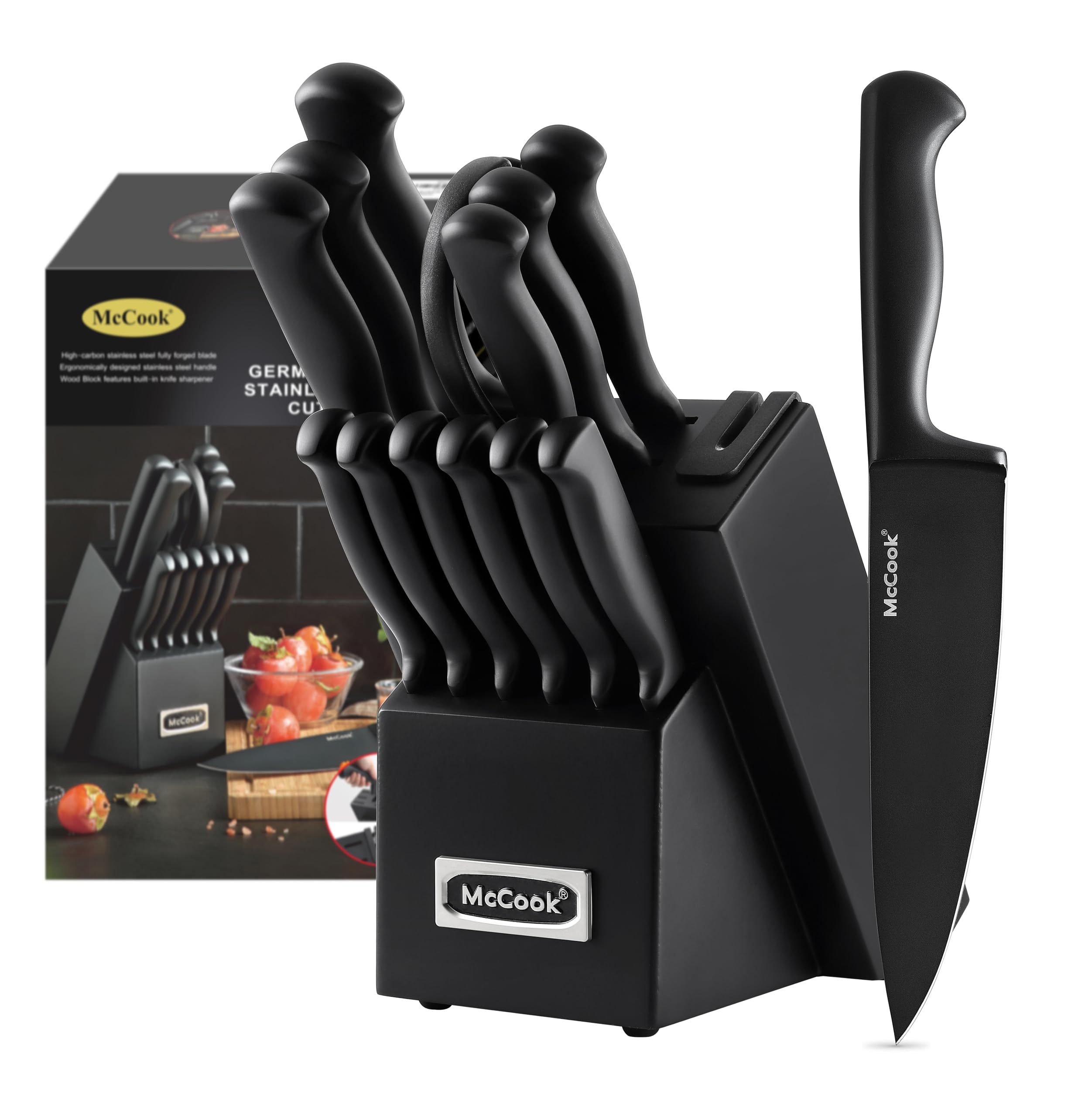 McCook® Knife Sets,German Stainless Steel Knife Block Sets with Built-in Sharpener, BlackMcCook® Knife Sets,German Stainless Steel Knife Bloc…