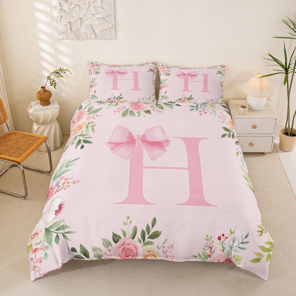 Super King Size Personalized Initial H Duvet Cover Boys Girls Coquette Pink Bow Bedding Set For Kids Ultra Soft Alphabet Letter Floral Room Decor Breathable Soft Microfiber Zipper