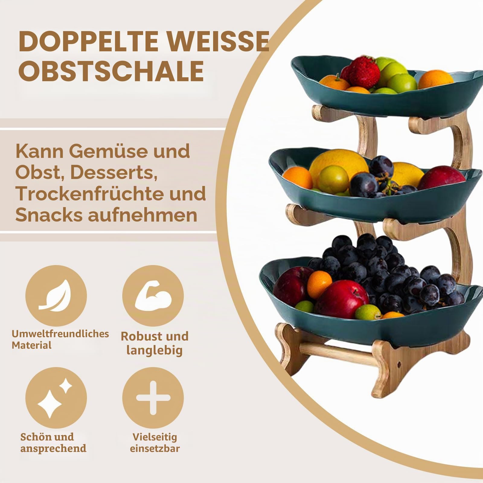 Fruchtkuchen Stehen, Plastik Obst Etagere mit 3 Etagen Platzsparendes Obstkorb Etagere für die Familie Obstschale Modern für Küchendekoration Gemüse Obst Snacks (Dunkelgrün, 3 Schichten)