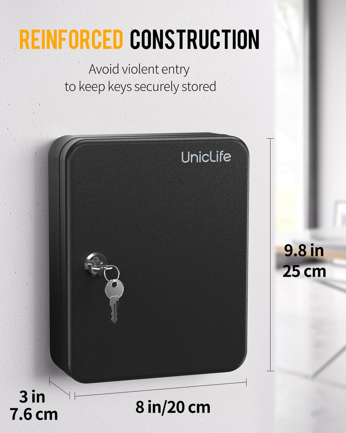 Uniclife Steel Key Cabinet Wall Mounted Organizer - 28 Keys, 2 Unlocking Keys - Black Frosted Security Box with Hooks and Color-Coded Labels