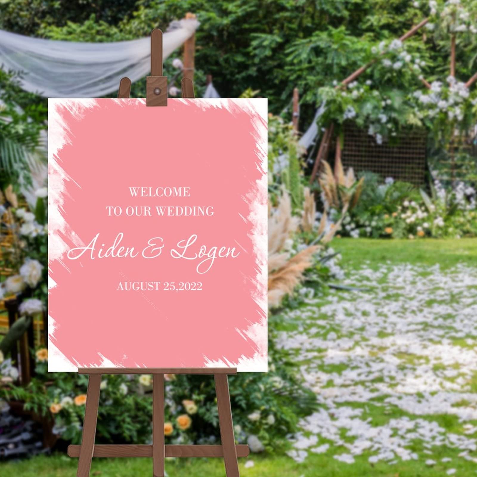 Cartel bienvenido a nuestra boda decorativo para recepciones en jardines exteriores