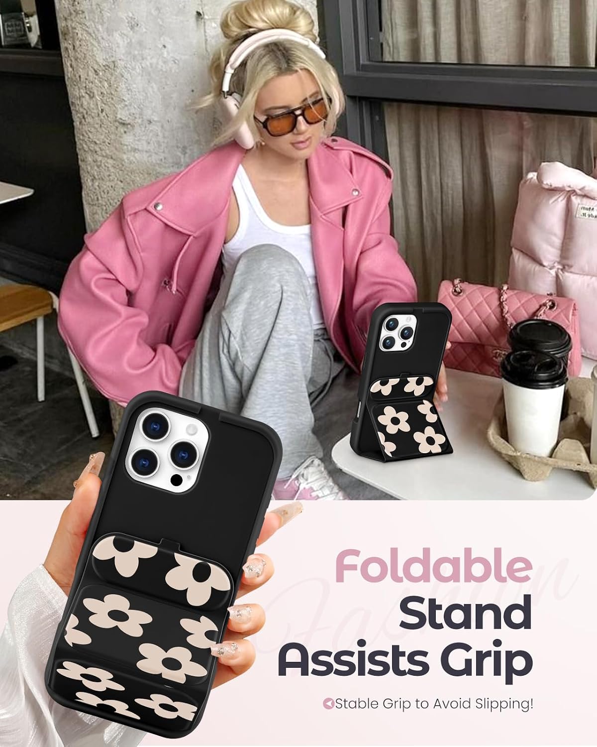 Camera Cover Stand Case for iPhone 16 Pro Max - Women Mujer Girl Girly Unique Cute Aesthetic PU Leather Folio Folded Flipped Holder with Magnetic Closure, Black White Flower image 4