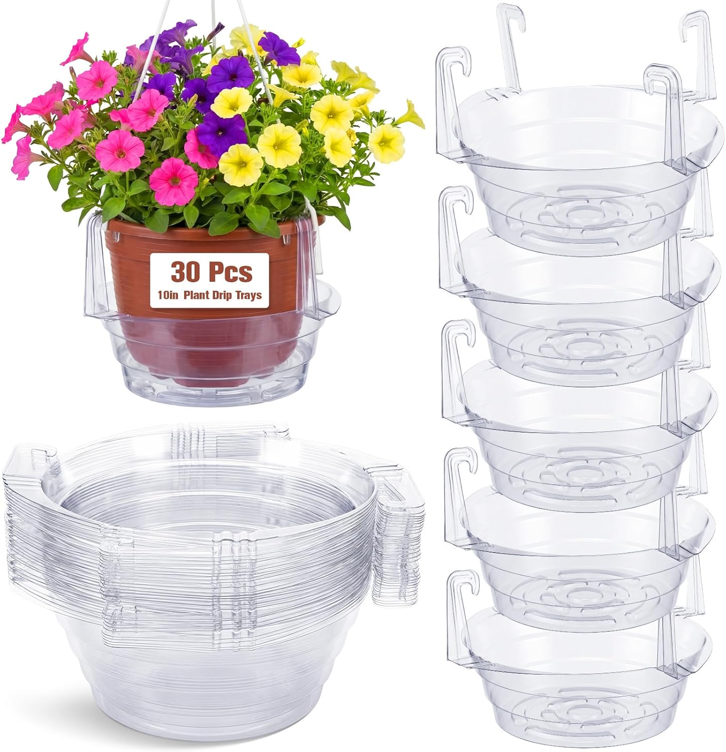 Tandefio 30 Pcs 10 Inch Hanging Plant Water Catcher Tray Bulk Plastic Clear Plant Saucer Drip Pans Plants Pot Water Catcher for Indoor Outdoor Hanging Basket Flower Pot