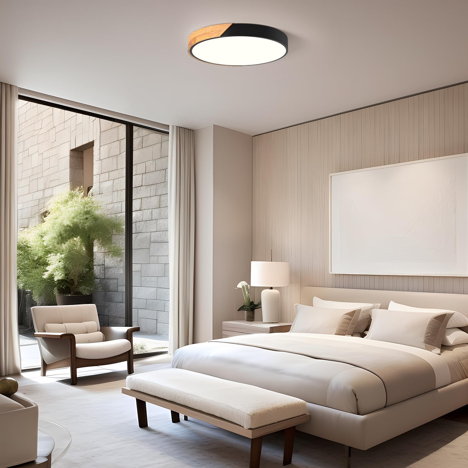 Qamra Lampara Techo, Madera Lampara Techo Negro, Moderno Plafón 40cm, iluminación 36W Redondo para Dormitorio, Sala de estar, Cocina, Comedor, Pasillo 4000K