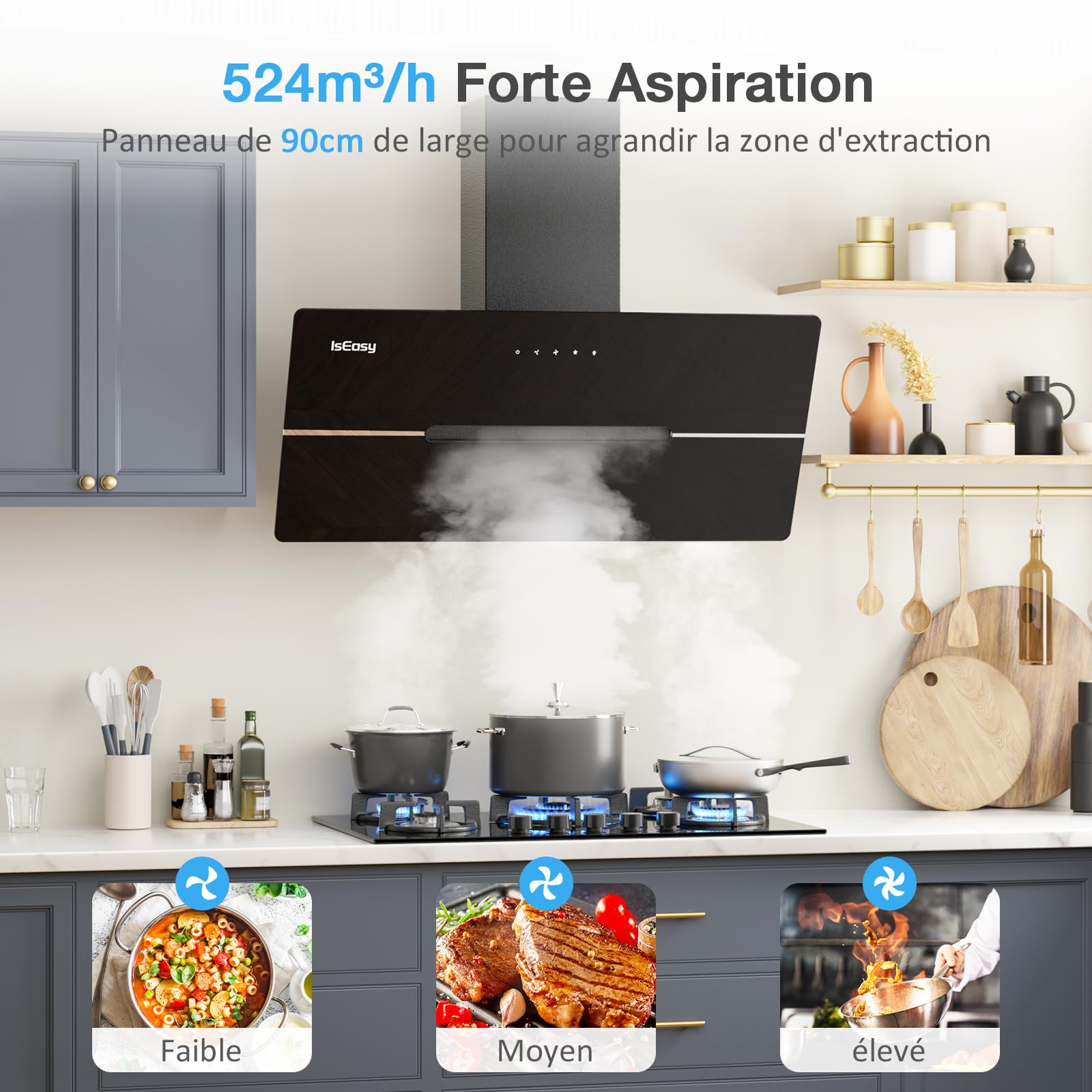 IsEasy Hotte Aspirante 90cm, Hotte de Cuisine Inclinées Noir, Classe A++, 578 m³/h, Evacuation ou Recyclage, 3 Vitesses, Eclairage à LED, 2 Filtres à Charbon