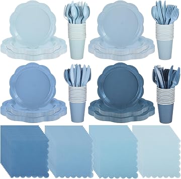 Qinyoung 388 Pcs Dusty Blue Plates and Napkins Party Supplies Tableware Include Disposable Scalloped Plate Paper Napkin Cup Plastic Cutlery for Baby Shower Party Wedding Birthday, 48 Sets
